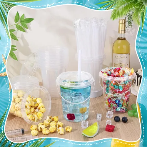 Miniatura 8 de 30 juegos de cubos de bebida de 34 onzas con tapas y pajitas, vasos desechables de plástico transparente con asas para ron, café helado, batidos