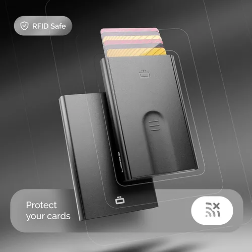 Miniatura 7 de ÖGON -DESIGNS- Tarjetero automático de aluminio, protección RFID contra fraude y desmagnetización, cartera delgada y minimalista para hombres