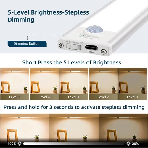 Miniatura 4 de Paquete de 4 luces para debajo del gabinete, luz recargable con sensor de movimiento para interiores, luces magnéticas inalámbricas regulables, 32