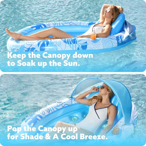Miniatura 4 de SLOOSH Flotadores de piscina con toldo – Flotador inflable ovalado XL para adultos con cubierta ajustable para sombra solar, flotador de bronceado