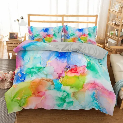 Miniatura 13 de Jingzhang Juego de ropa de cama de teñido anudado colorido mármol adolescente niña ropa de cama acuarela pastel rosa azul púrpura juego de funda