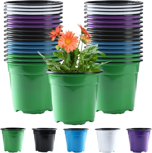 Oubest Paquete de 30 macetas de plástico para plantas de 5 pulgadas con agujeros de drenaje, flores multicolores, trasplante de plántulas