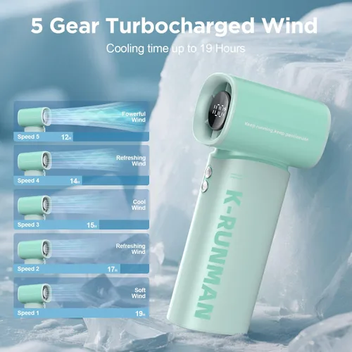 Miniatura 3 de Ventilador turbo portátil de mano, 5 velocidades, viento fuerte, mini ventilador personal con pantalla LED, enfriamiento máximo de 19 horas, Verde