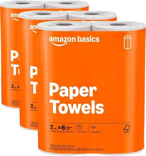 Miniatura 8 de Amazon Basics Toallas de papel de hojas flexibles de 2 capas, 12 rollos básicos = 40 rollos regulares, valor diario con 150 hojas por rollo