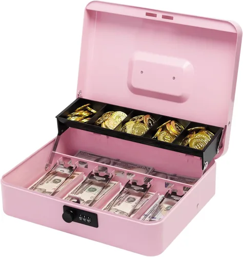 Miniatura 11 de Caja de efectivo con cerradura de combinación, caja de dinero de metal con bandeja de dinero, caja de bloqueo de efectivo para venta de garaje