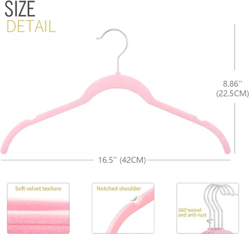 Miniatura 3 de ManGotree Perchas de terciopelo para mujer, perchas de 16.5 pulgadas con ranura para el hombro, perchas antideslizantes para ropa de vestir