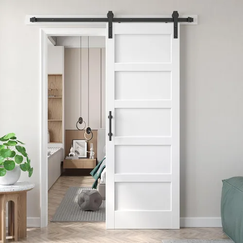 Fredbeck Puerta de granero blanca de 30 x 84 pulgadas con kit de herrajes para puerta corredera de 5.5 pies incluido y asa, sólida, MDF, superficie
