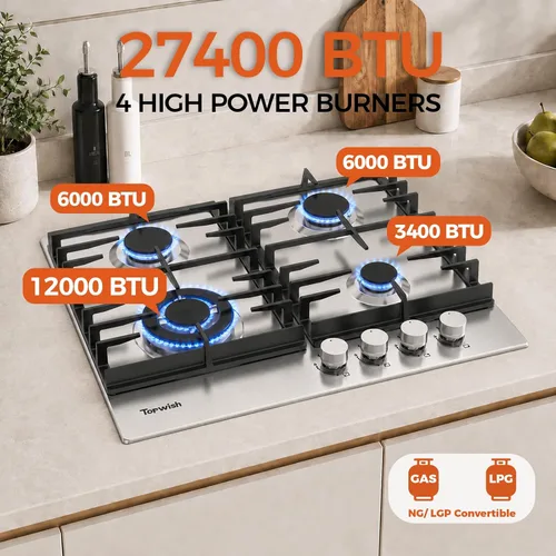 Miniatura 2 de TOPWISH Estufa de gas de 24 pulgadas, estufa de propano con 4 quemadores de 27,400 BTU, NG/LPG, estufa convertible de acero inoxidable integrada