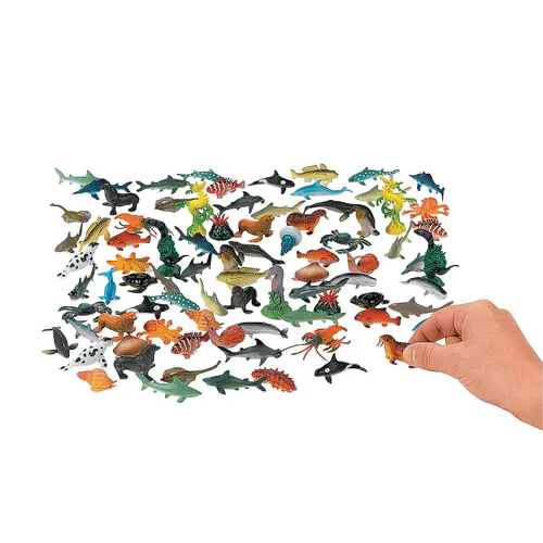 Fun Express Criaturas marinas de plástico, paquete de 90 unidades – Incluye tiburón, foca, caballito de mar, cangrejo, pulpo y más – Juguetes para
