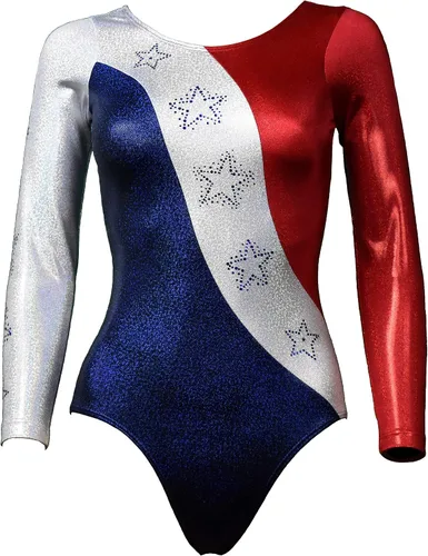Miniatura 5 de Look-It Activewear Leotardo de gimnasia de manga larga con brillo rojo, blanco y azul para niñas y mujeres