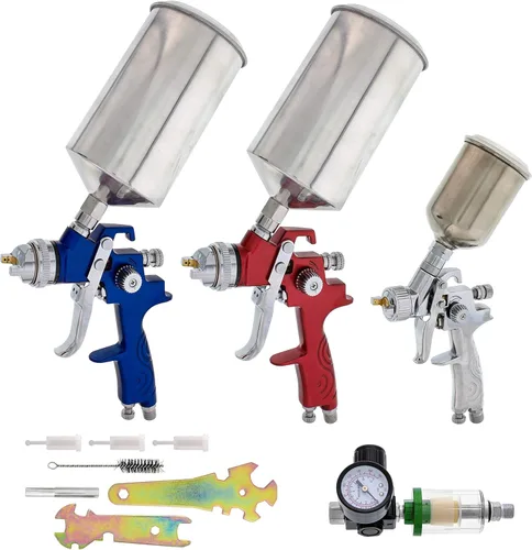 TCP Global. 3 pistolas de pulverización HVLP con frascos, regulador de aire y kit de mantenimiento para todas las pinturas, imprimaciones,