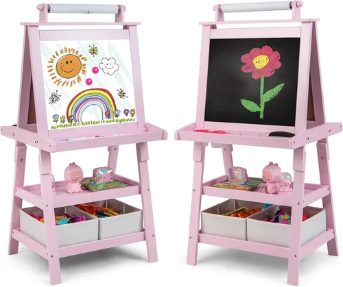 Miniatura 12 de Costzon Caballete de arte para niños, caballete de pintura de doble cara 3 en 1 con pizarra blanca magnética, pizarra y rollo de papel, estante