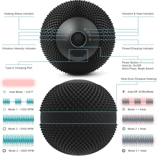Miniatura 6 de Bola de masaje vibratoria con calor, 7 modos, memoria, liberación miofascial, bola de recuperación muscular de tejido profundo para masaje de puntos