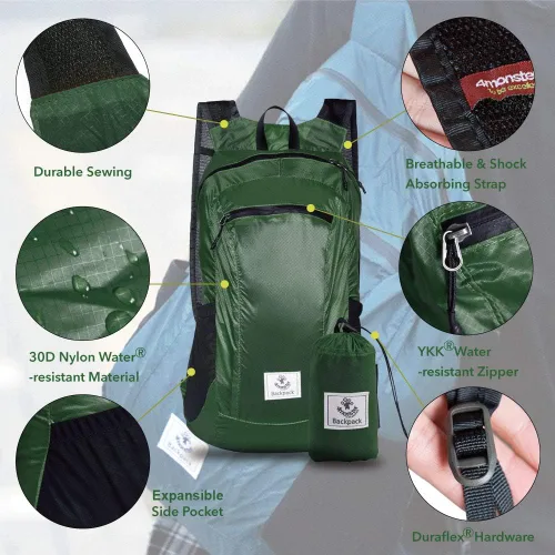 Miniatura 2 de Mochila 4Monster de excursionismo, de día, resistente al agua, ligera, plegable, para viajes, campamento, exteriores Verde (Army Green-2)