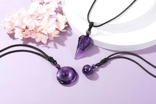 Miniatura 4 de Jovivi Juego de 3 collares de piedra de cristal curativo para hombres y mujeres, amatista natural, obsidiana negra, ojo de tigre, piedras preciosas