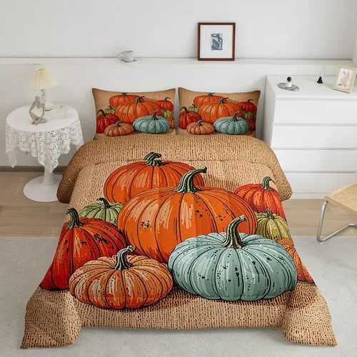Miniatura 3 de Juego de edredón de calabaza para niños, edredón acolchado de calabazas de dibujos animados, tamaño individual, juego de ropa de cama a cuadros