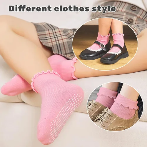 Miniatura 4 de 6 pares de calcetines con volantes para niñas, calcetines antideslizantes para bebés, bonitos y con volantes