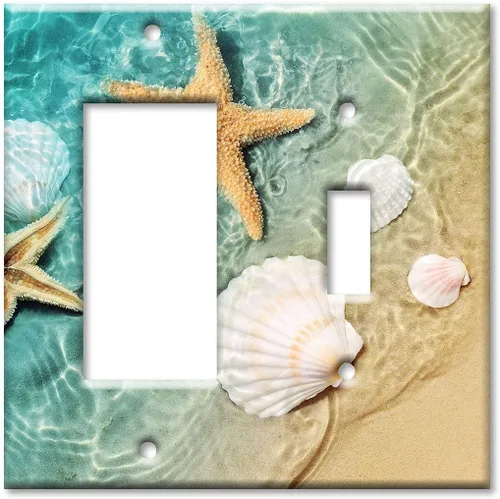Miniatura 17 de Art Plates - Cubierta de placa de interruptor de luz de metal de 2 bandas - Placa de pared decorativa de dos bandas - Conchas de mar y peces