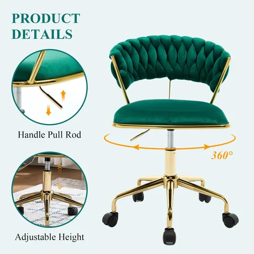 Miniatura 4 de NIOIIKIT Silla de oficina en casa, silla tapizada de terciopelo con respaldo abierto tejido, silla de escritorio giratoria de 360° con ruedas, silla