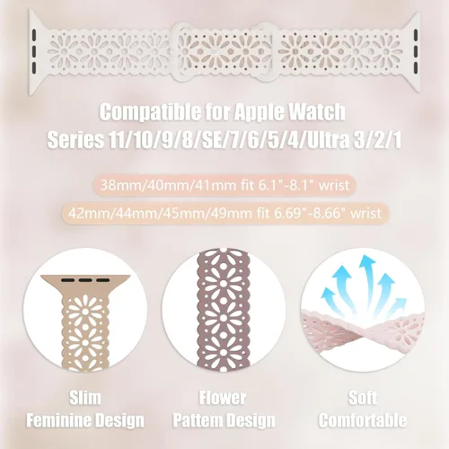 Miniatura 2 de 5 Pack Slim Lace Silicone Compatible for Apple Watch Band 38mm 40mm 41mm 42mm 44mm 45mm 46mm 49mm, Thin Hollow-out Breathable Strap for iWatch Ultra