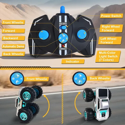 Miniatura 5 de Camión de control remoto anfibio impermeable para niños, giroscopio autoequilibrante Monster Truck con acrobacias de ruedas, luces LED, automóvil RC
