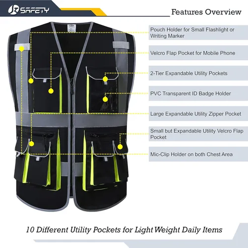 Miniatura 4 de JKSafety Chaleco de seguridad de color negro con 10 bolsillos, cremallera frontal, con tiras altamente reflectantes, cumple con las normas ANSI/ISEA