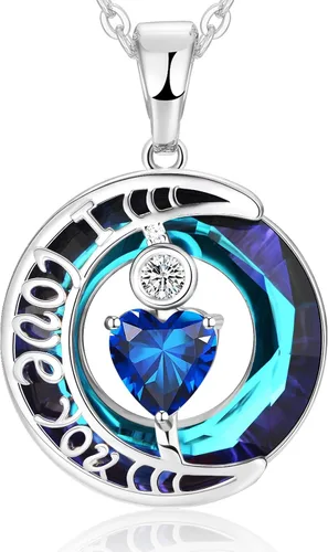 Miniatura 44 de Collares de cristal para mujer, regalos para aniversario de esposa, regalos de cumpleaños para mujeres, collar de zafiro azul con la frase "I Love