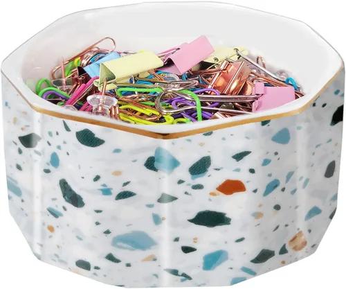 Portaclips de Cerámica con Línea Dorada Dispensador Organizador de Clips para Escritorio Lindo Patrón de Mármol Terrazo Portaclips de Oficina para