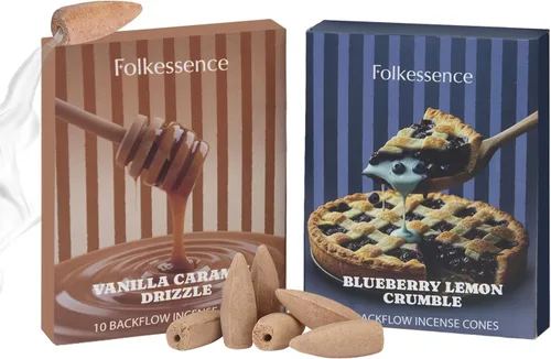 Folkulture Conos de incienso de reflujo (20 conos) | Paquete de 20 lloviznas de caramelo de vainilla y crumble de limón de arándanos | Conos