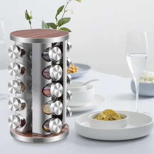 Miniatura 8 de WAYDA Organizador giratorio para especias, 20 frascos, organizador giratorio de condimentos para gabinete, torre de especias de acero inoxidable