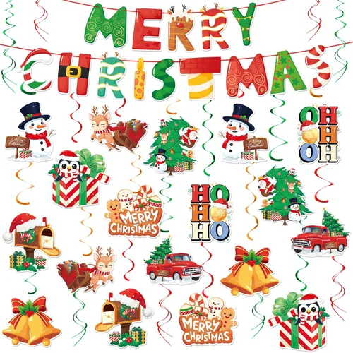 Juego de decoración navideña: pancarta y remolinos colgantes, para el hogar, oficina, aula, decoración de fiesta de Navidad en interiores