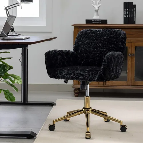 Miniatura 3 de HomVent Bonita silla de oficina peluda, moderna silla de piel sintética negra con ruedas y base dorada, silla giratoria ergonómica ajustable