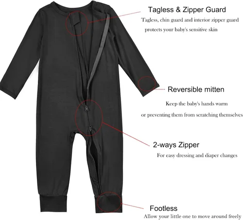 Miniatura 3 de Aablexema Pijama sin pies con cremallera y mitón, rayón de bambú, pijama de manga larga para bebé