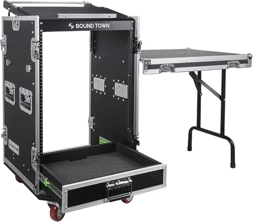 Miniatura 9 de Sound Town 14U PA DJ Caja de rack/ruta ATA para audio profesional con cajón de 2U, parte superior inclinada de mezclador de 11U, mesa de trabajo