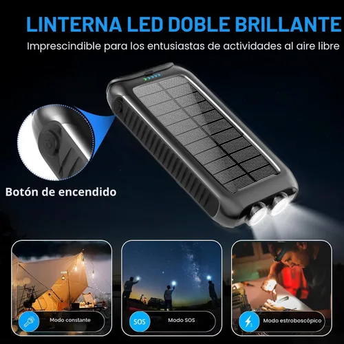 Miniatura 3 de Cargador solar-Power-Bank-49800mAh Cargador de teléfono solar portátil con linterna LED/15W carga rápida USB C impermeable batería externa de Negro