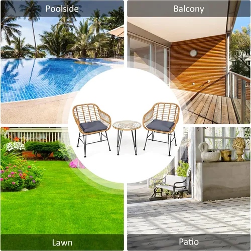 Miniatura 9 de Tangkula Juego de 3 piezas de patio bistró, juego de conversación de ratán con 2 sillones acolchados y mesa de centro redonda de cristal, juego