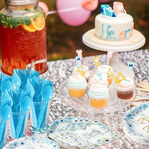 Miniatura 3 de Bokon Juego de 300 platos de elefante para baby shower, para 50 vajillas, incluye platos, servilletas, tenedores, cucharas, cuchillos, elefante