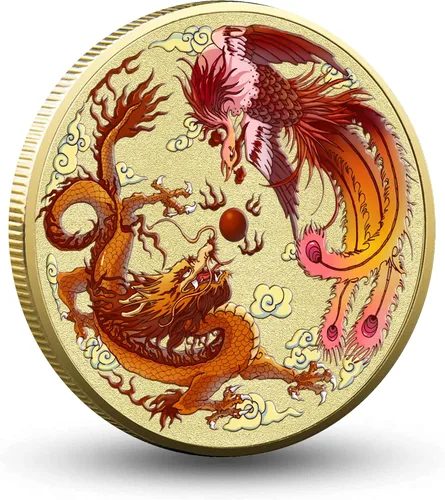 Colorido dragón chino y fénix moneda de la suerte - Rascador de boletos de lotería - Atrae buena fortuna - Moneda de desafío de buena suerte