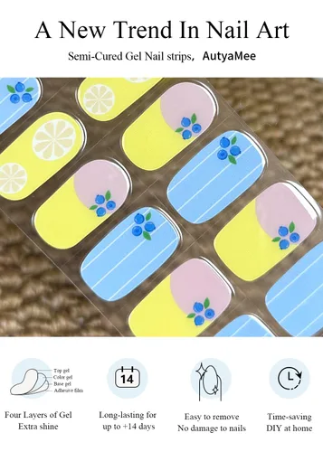 Miniatura 4 de AutyaMee Tiras de uñas de gel semicuradas (limón fresco), 20 unidades de envolturas de uñas de gel, calcomanías, calidad de salón, arándano, verano