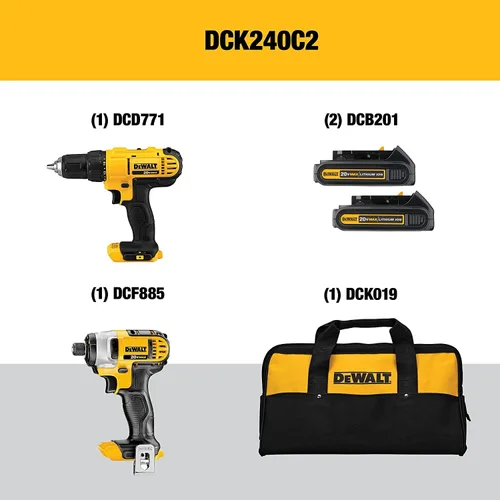 Miniatura 2 de DEWALT Kit combinado de taladro inalámbrico máximo de 20 V, 2 herramientas con batería compacta de iones de litio de 1.5 Ah 20V (DCK240C2 y DCB201)