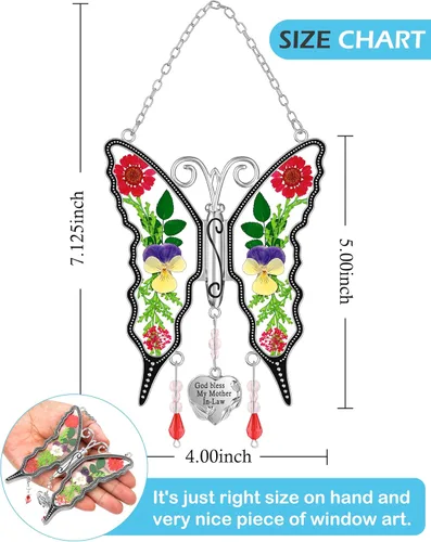 Miniatura 9 de KY&BOSAM Regalos para mamá atrapaluz de mariposa "God bless my mother-in-law" de vitral para ventanas, campanilla de viento, adorno colgante