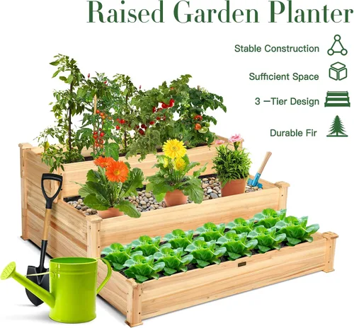 Miniatura 3 de Conjunto de cama de jardín elevada de madera Giantex, caja de plantación rectangular para verduras, frutas, flores, hierbas, cama de plantación