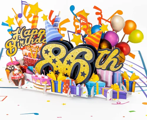 Miniatura 15 de iGifts And Cards Tarjeta desplegable 3D de feliz cumpleaños 84 – Diseño azul con números de purpurina, globos, pasteles y regalos – Tarjeta