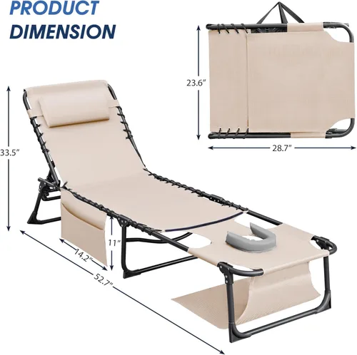 Miniatura 3 de Flamaker Silla Tumbona boca abajo ajustable de 5 posiciones para tomar el sol, silla de bronceado plegable con agujeros para la cara y los brazos