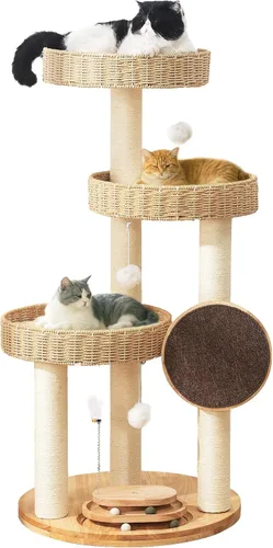 Árbol de madera maciza para gatos grandes, torre moderna para gatos de 48 pulgadas con cestas tejidas a mano, condominio para gatos de varios