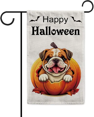 Miniatura 9 de Bandera de jardín de bulldog de Halloween de 12.5 x 18 pulgadas, vertical, doble cara, calabaza de Feliz Halloween, linda cachorro, decoración