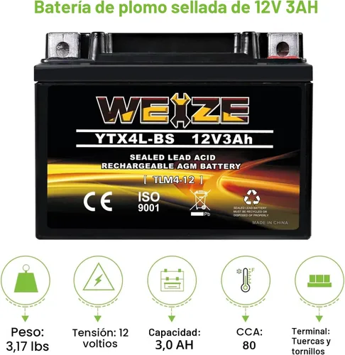 Miniatura 2 de Weize YTX4L-BS - Batería de motocicleta sellada recargable de alto rendimiento compatible con Polaris Scrambler, Sportsman 90, Honda Scooters NQ50