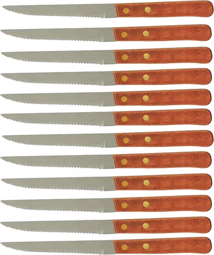 TrueCraftware - Juego de 12 cuchillos de carne de punta puntiaguda de acero inoxidable de 4-1/2 pulgadas con mango de madera - Cuchillos para carne