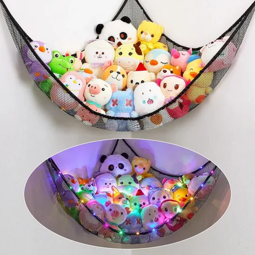 Miniatura 18 de Basumee Hamaca de animales de peluche con luz LED, organizador de red de juguetes de peluche, organizador de esquina para almacenamiento de animales