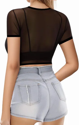 Miniatura 3 de MANGOPOP Blusa corta de manga corta de malla transparente para mujer